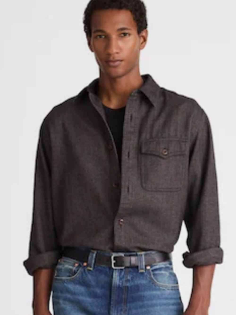 Madewell Men's Work Shirt in Gray Brown Herringbone Brushed Cotton Size Small